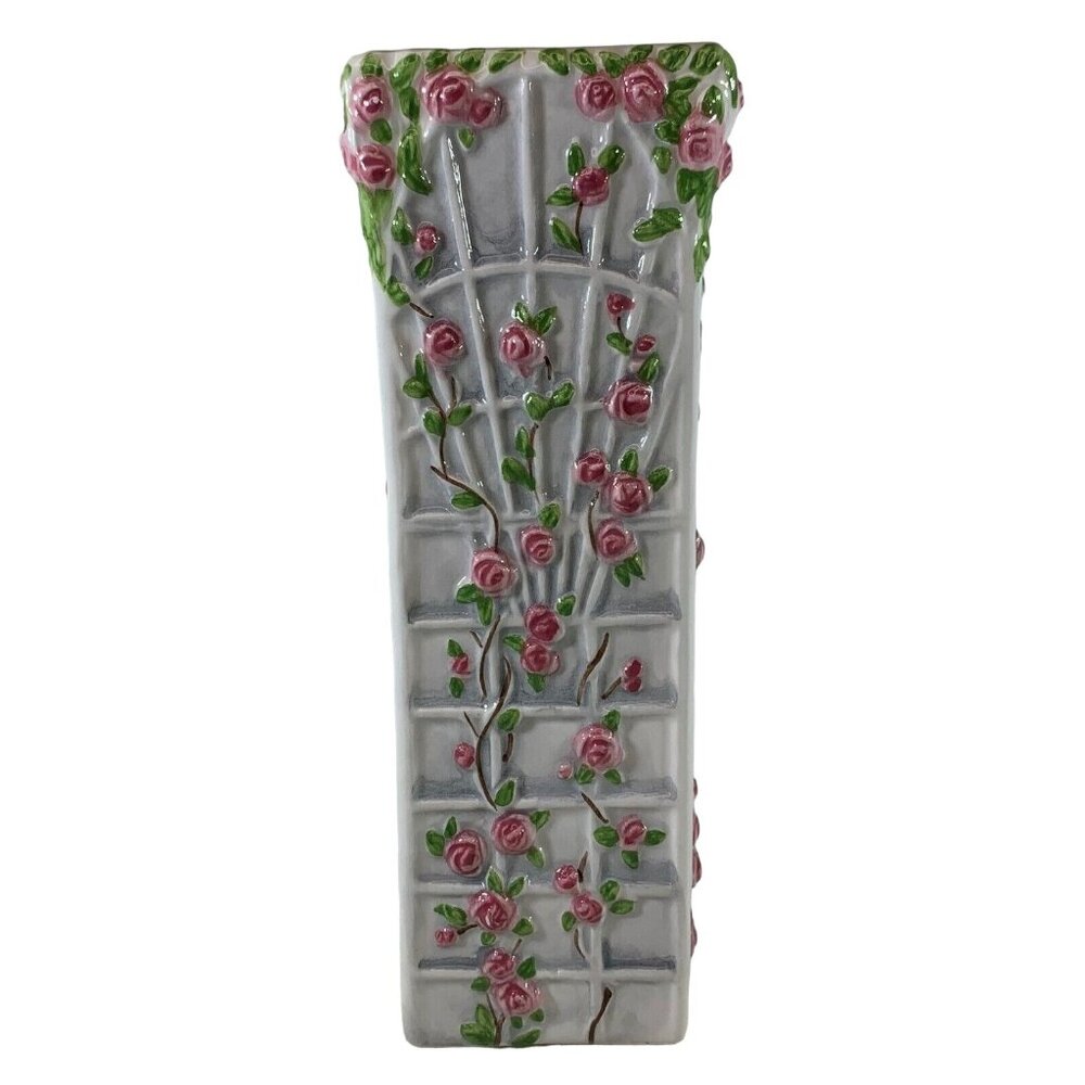 LBK Ceramic Square Flower Garden Vase Glazed White with 3D Pink Roses 8" Vtg